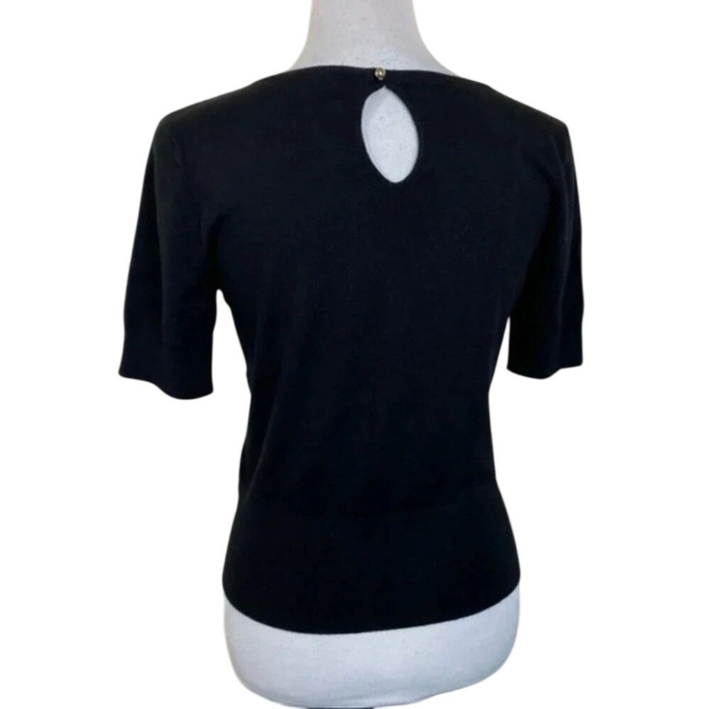 White House Black Market Black Short Sleeve Knit Top Jewel Neck Keyhole Back Med